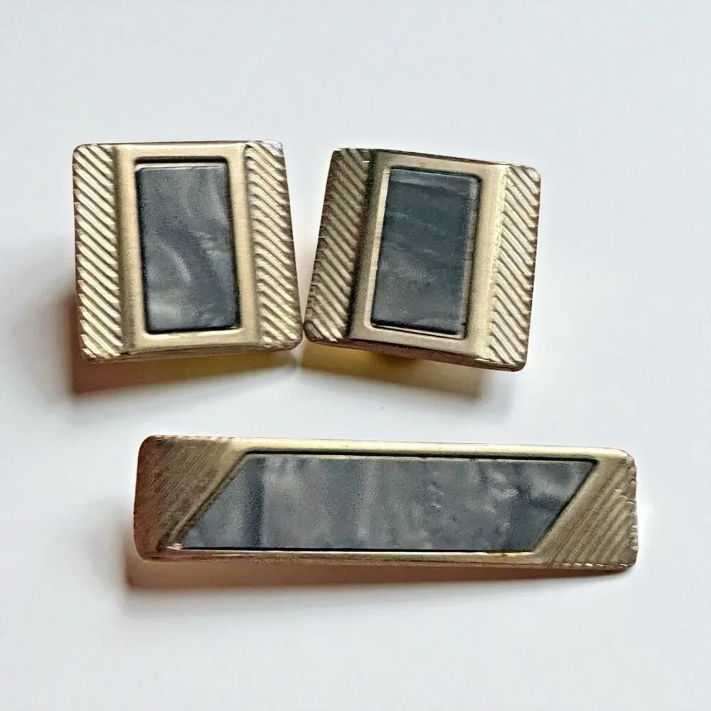 Vintage Gold Tone Cufflinks & Tie Clip Set Gray Inlay Rectangular Art Deco Look